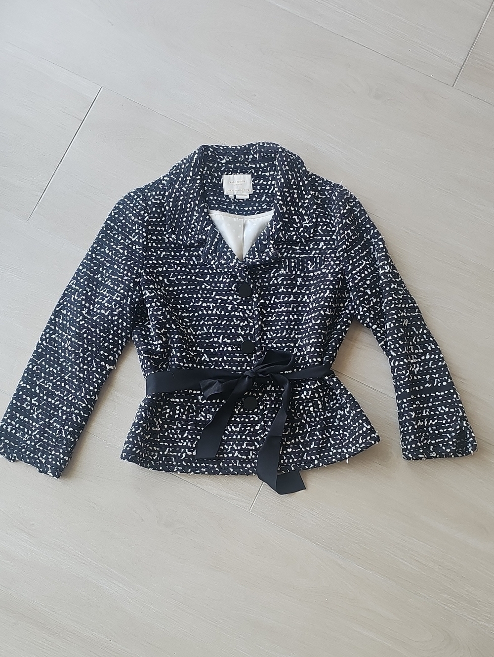 kate spade Black and White Tweed Belted Peplum Jacket
